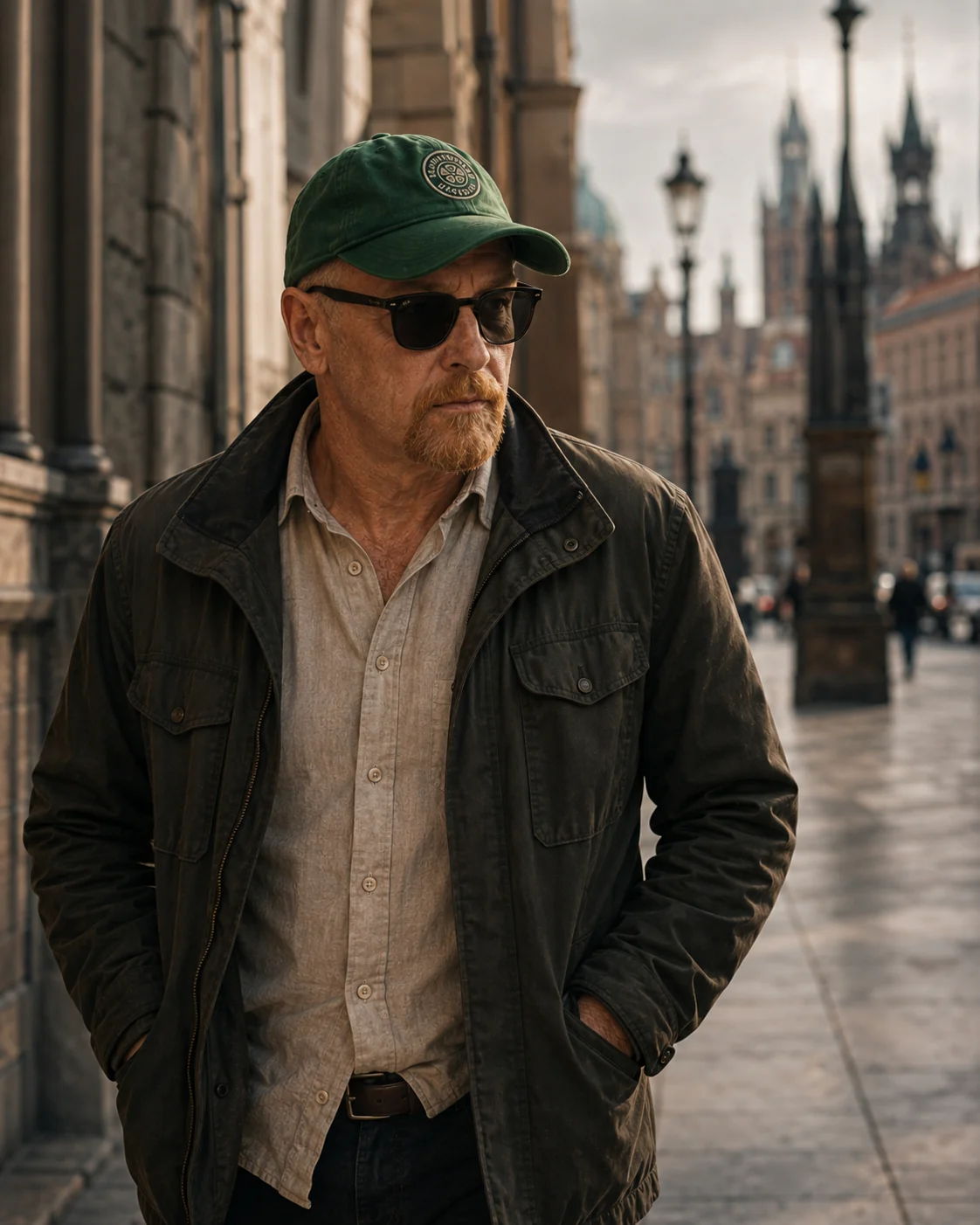 Autorenfigur mit grüner Kappe und Sonnenbrille in einer europäischen Stadtstraße