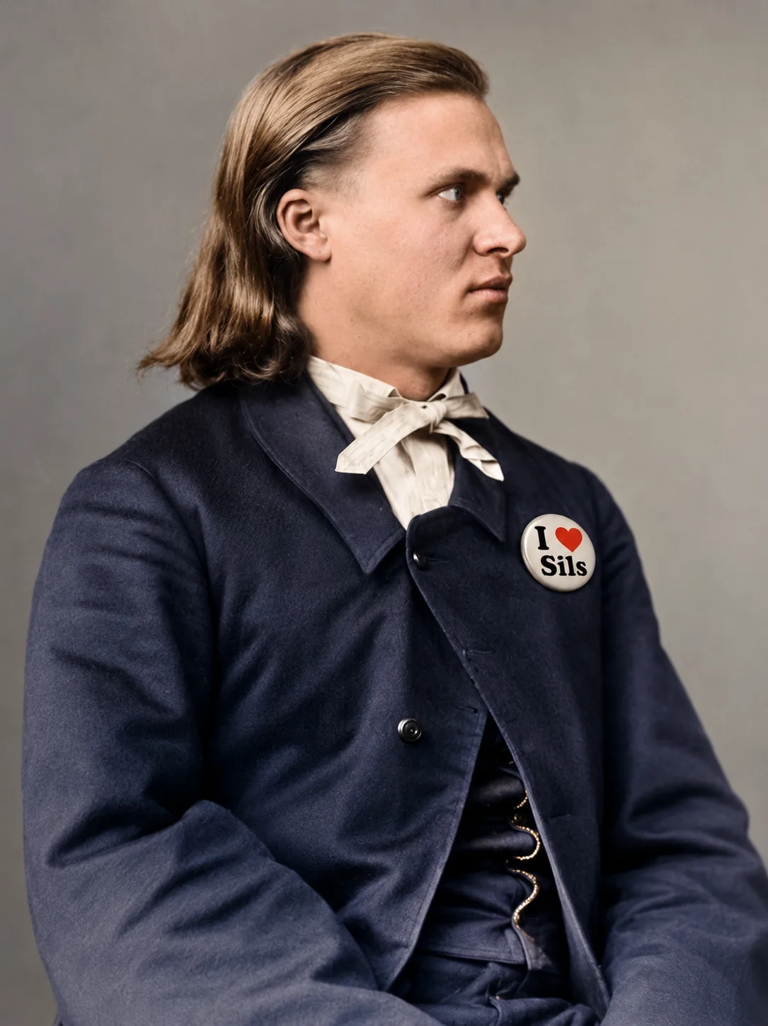 Historisierendes Nietzsche-Porträt mit anachronistischem Button