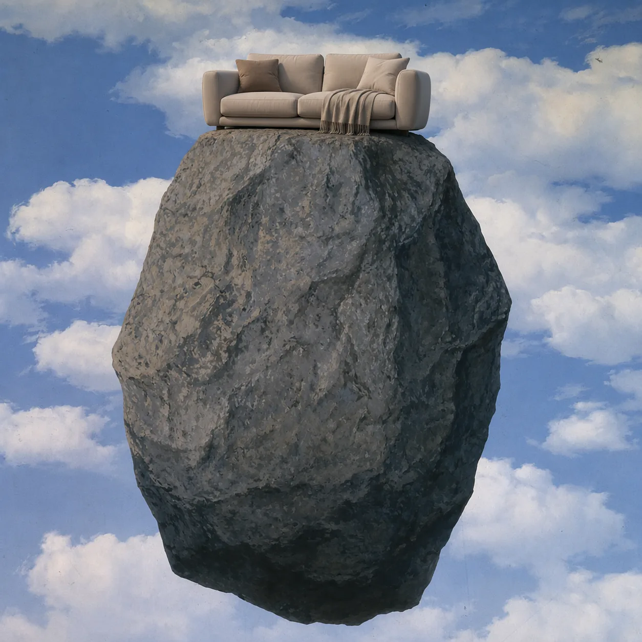 Ein Sofa auf einem schwebenden Felsblock zwischen Wolken