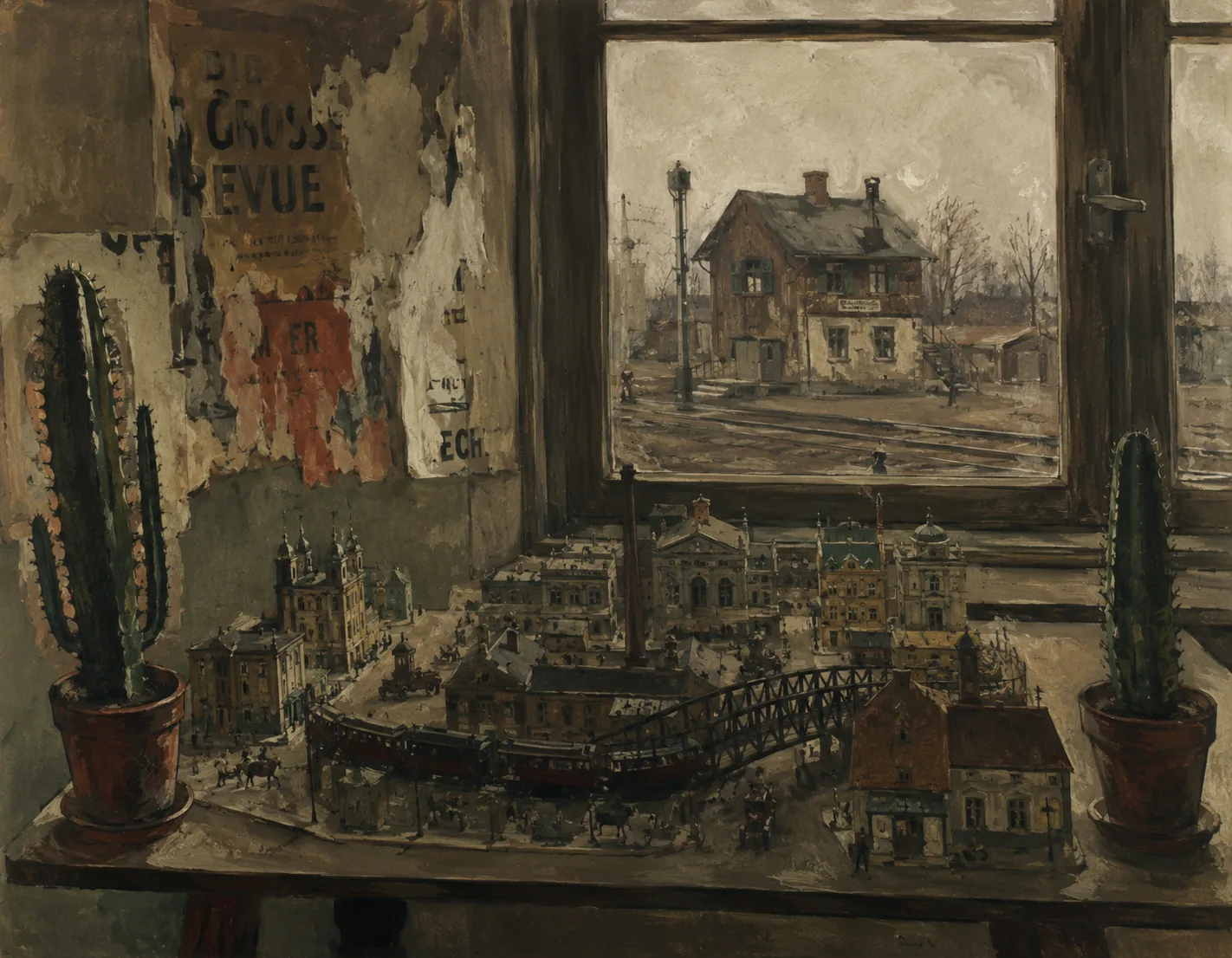 Eine Miniaturstadt auf einer Fensterbank vor einer vergangenen Stadtlandschaft