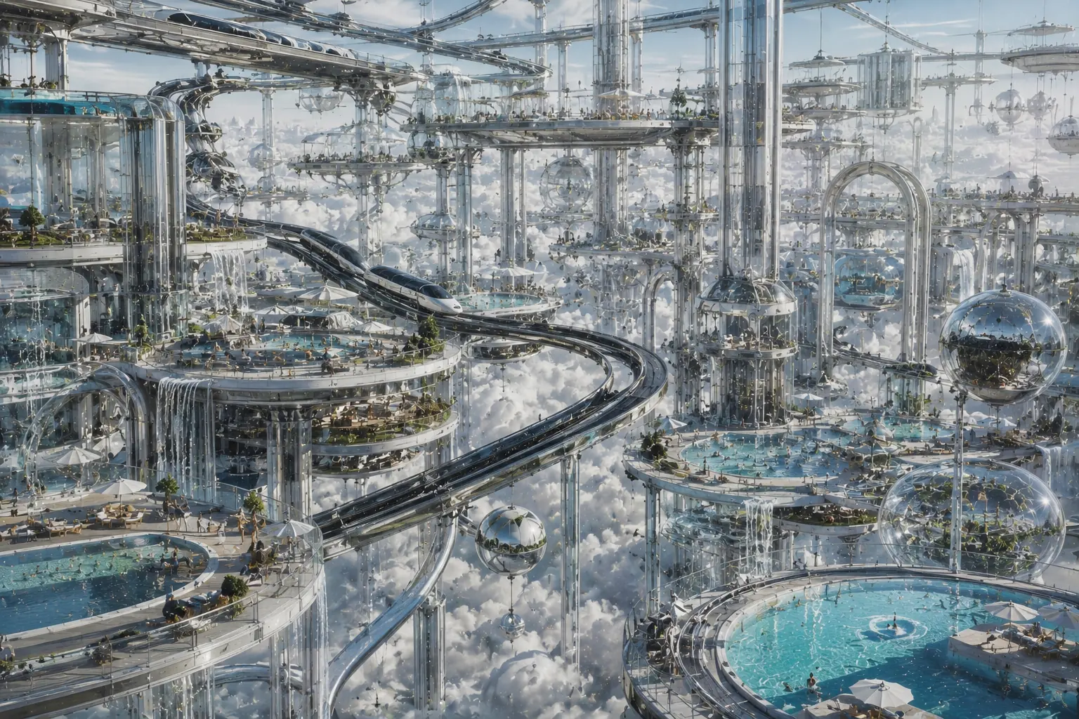 Technische Stadt aus Glas und Verkehrswegen über den Wolken