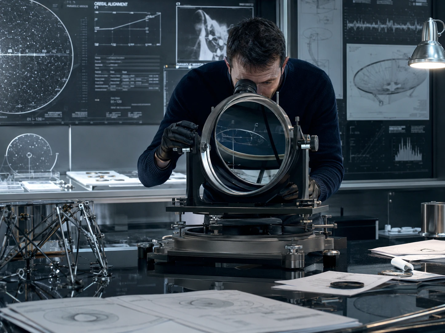 Wissenschaftler an einem optischen Präzisionsgerät
