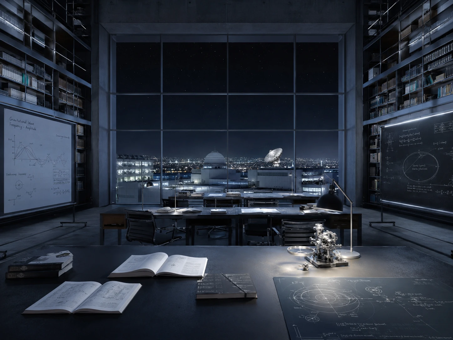 Kühle nächtliche Forschungsbibliothek mit Blick auf ein Observatorium