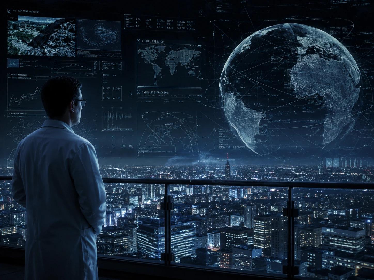 Wissenschaftler vor einer globalen Daten- und Erdmodellierung