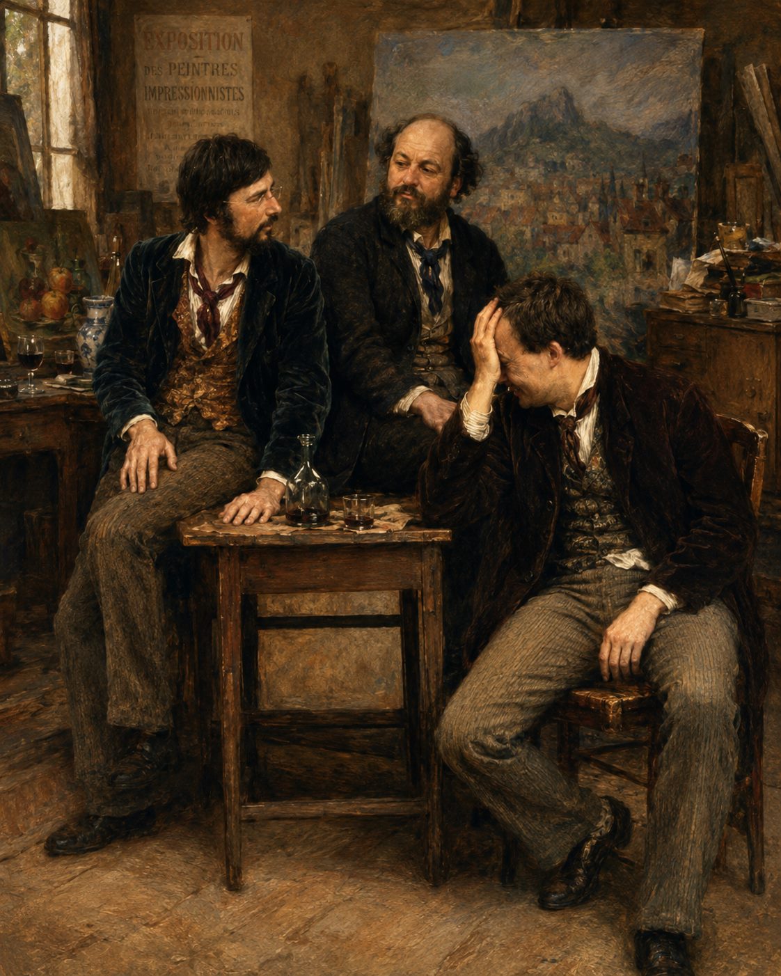 Goedart Palm mit Schnäuzer, Paul Cézanne und Kerger mit Brille als Bohemiens des 19. Jahrhunderts