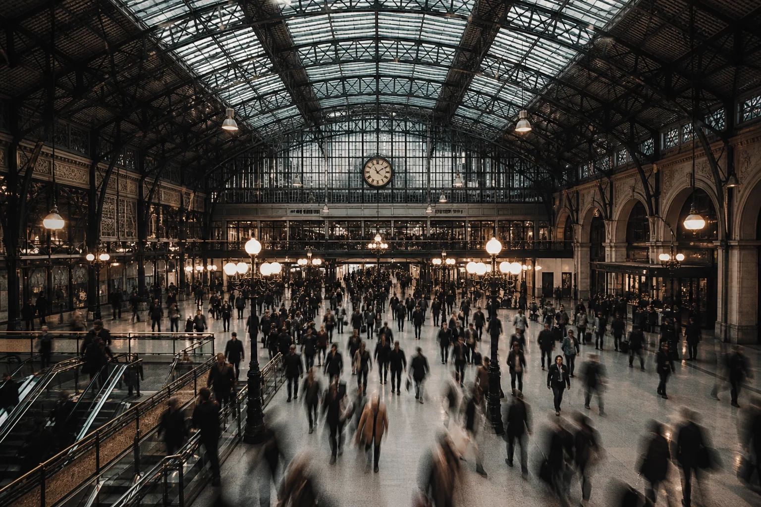 Große Londoner Bahnhofshalle aus Eisen und Glas mit Uhr und Reisenden in fließender Bewegung