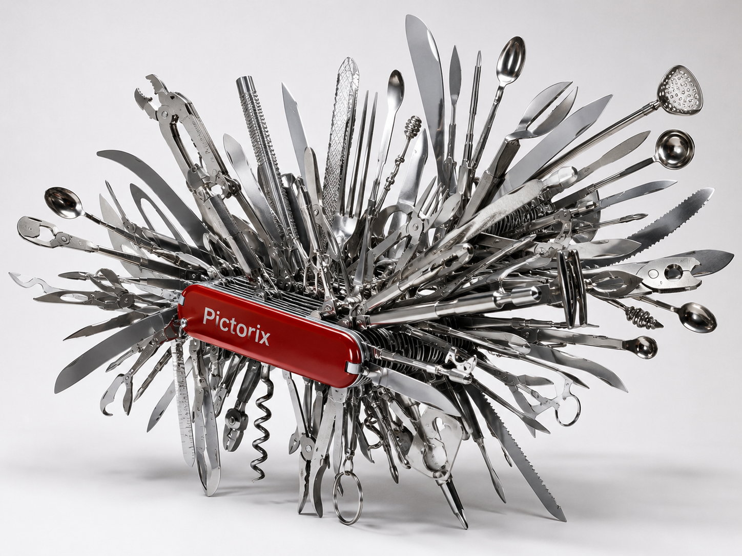 Surreal überladenes Schweizer Taschenmesser Pictorix mit zahllosen Werkzeugen