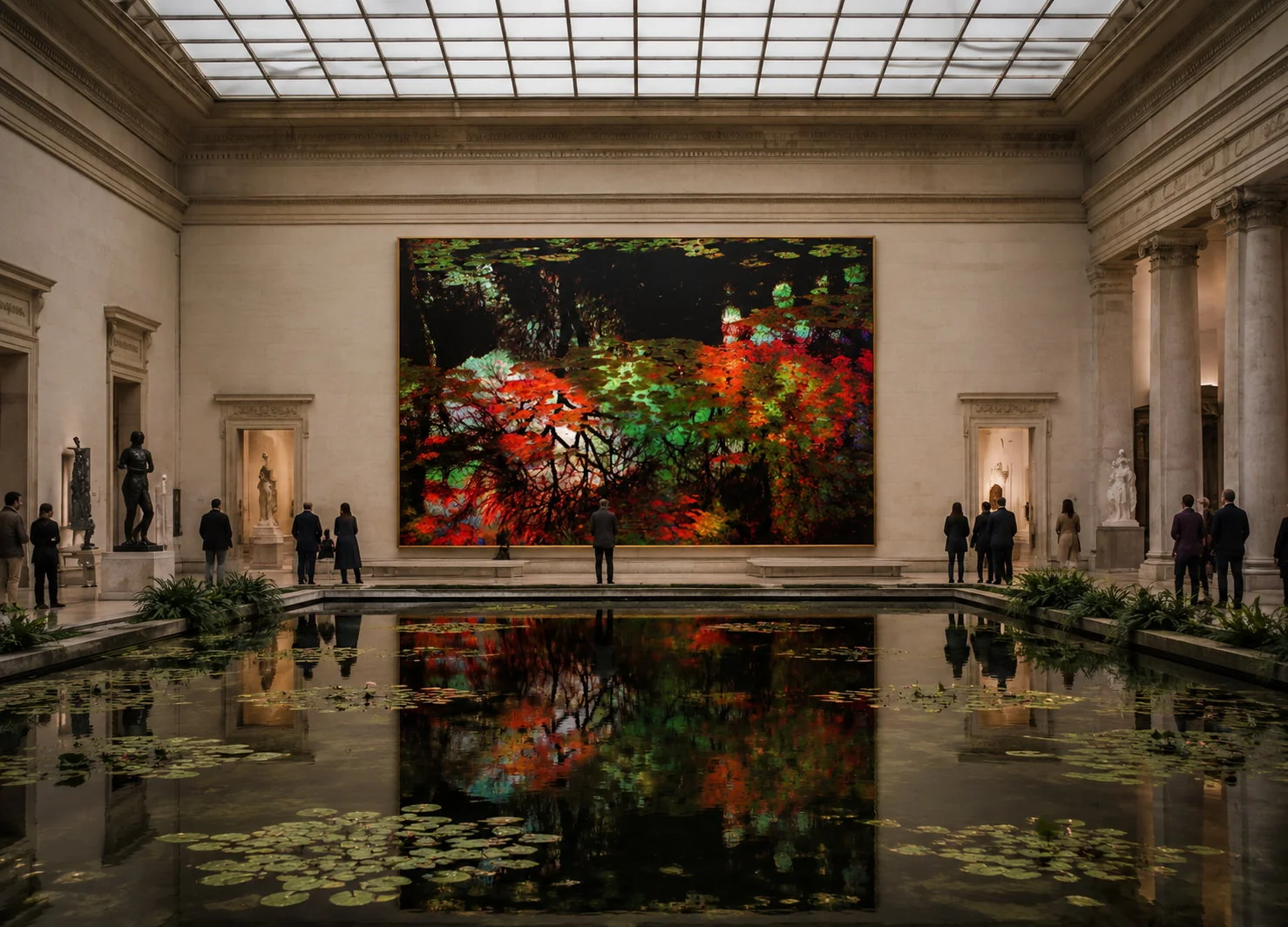 Farbintensives digitales Werk von Goedart Palm in einer imaginierten Museumshalle mit Wasserfläche