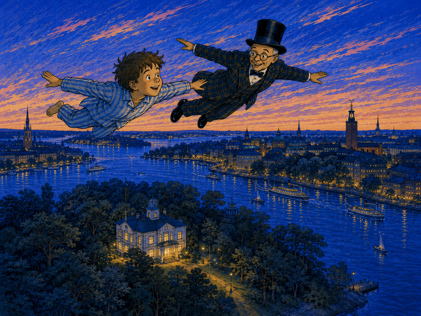 Göran und Herr Lilienstengel fliegen in der blauen Dämmerung über Stockholm