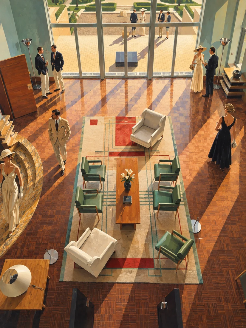 Imaginierte Gesellschaftsszene in einer weitläufigen Art-déco-Lobby