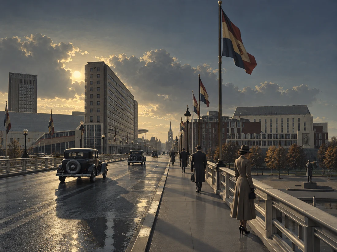 Imaginierte Szene auf einer städtischen Brücke mit Automobilen und Passanten