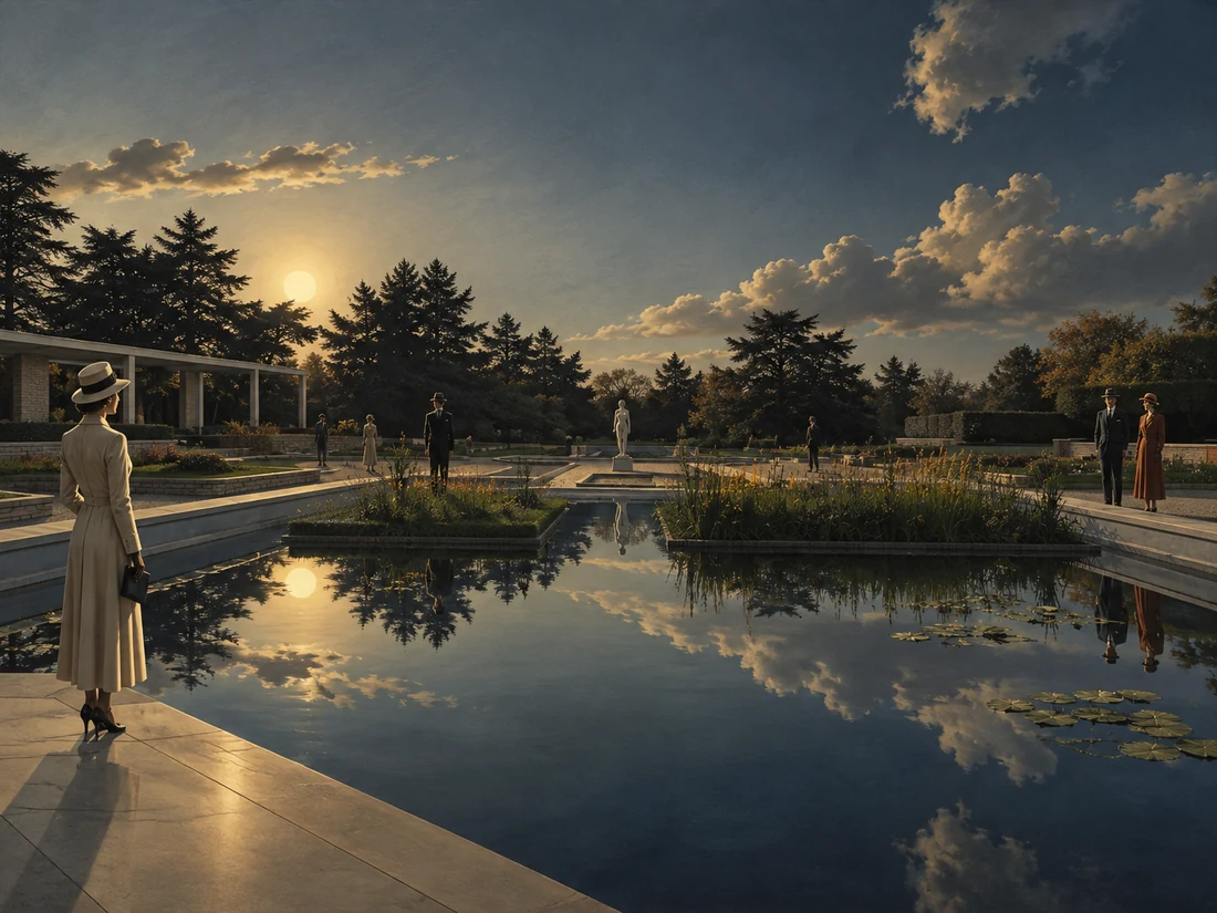 Imaginierte Szene in einem formalen Garten mit Wasserbecken im Abendlicht