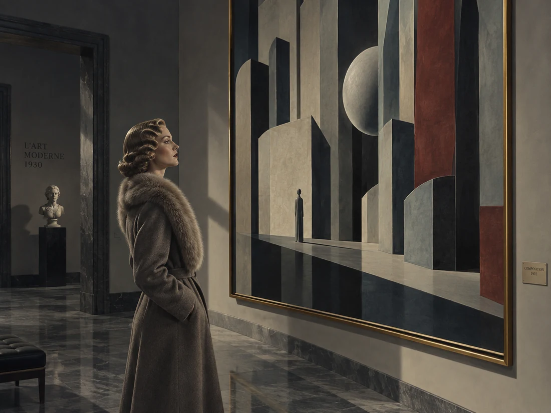 Imaginierte Frau der 1930er Jahre vor einem geometrischen Gemälde im Museum