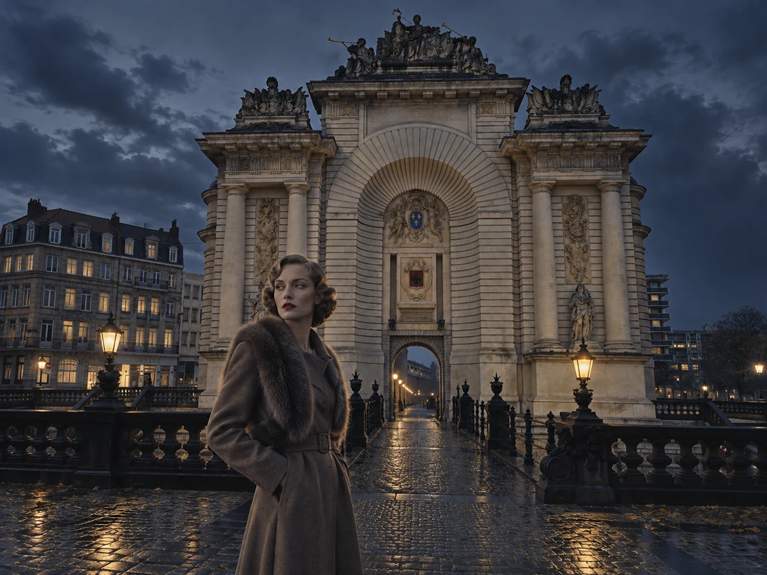 Imaginierte Frau der 1930er Jahre vor einem monumentalen Stadttor bei Nacht