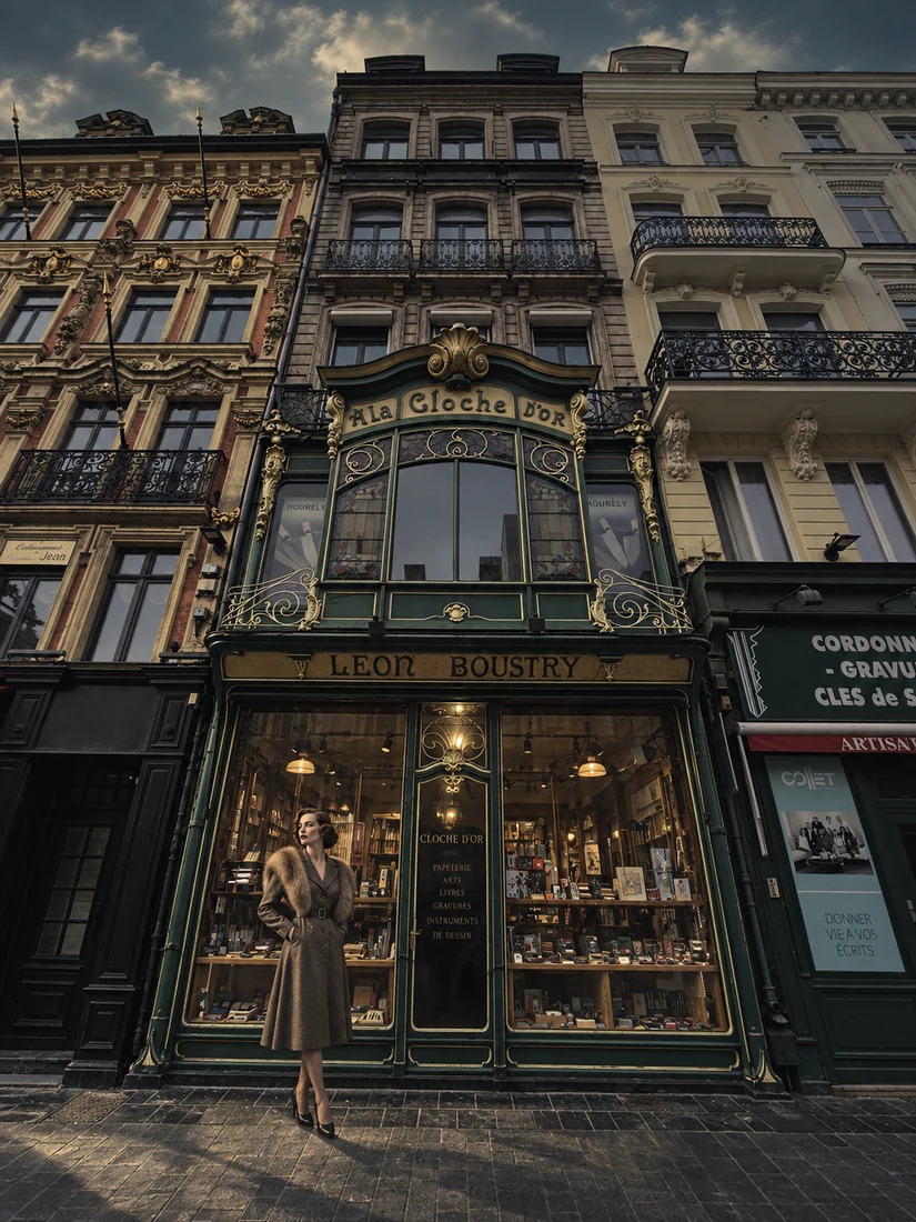Imaginierte Szene vor einer historischen Ladenfassade