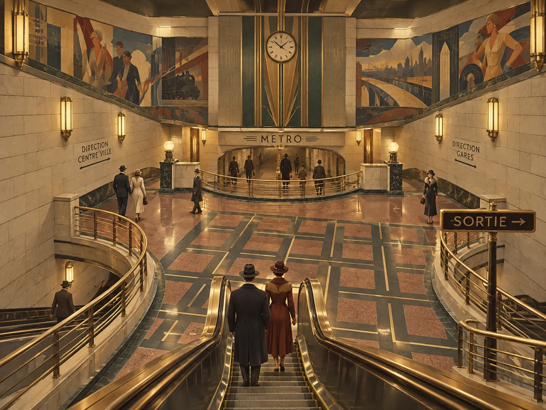 Imaginiertes Metrofoyer der 1930er Jahre mit Rolltreppen und geometrischem Boden