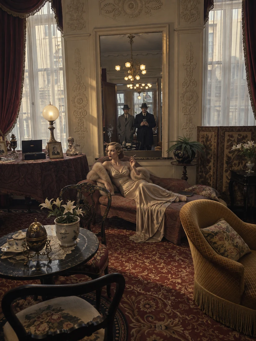 Imaginierte glamouröse Frau der 1930er Jahre in einem Salon