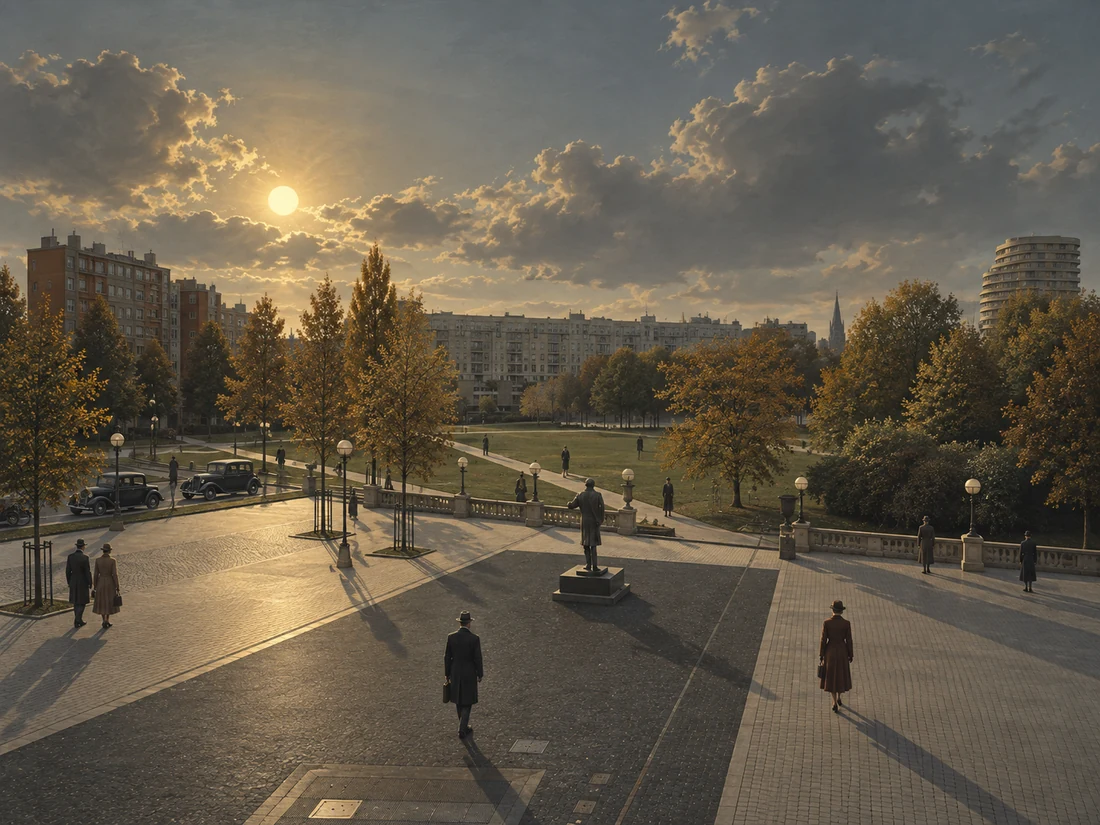 Imaginierte Szene in einem geometrisch geordneten Stadtpark im Abendlicht