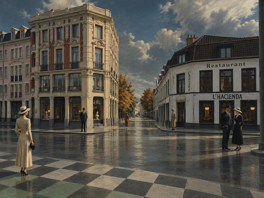 Imaginierte europäische Stadtstraße der 1930er Jahre nach dem Regen