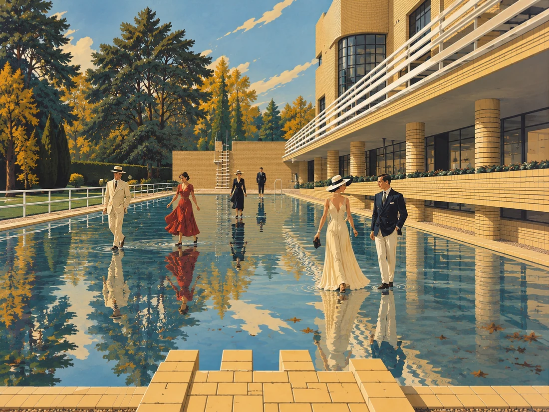 Imaginierte Gesellschaftsszene am Schwimmbad der Villa Cavrois