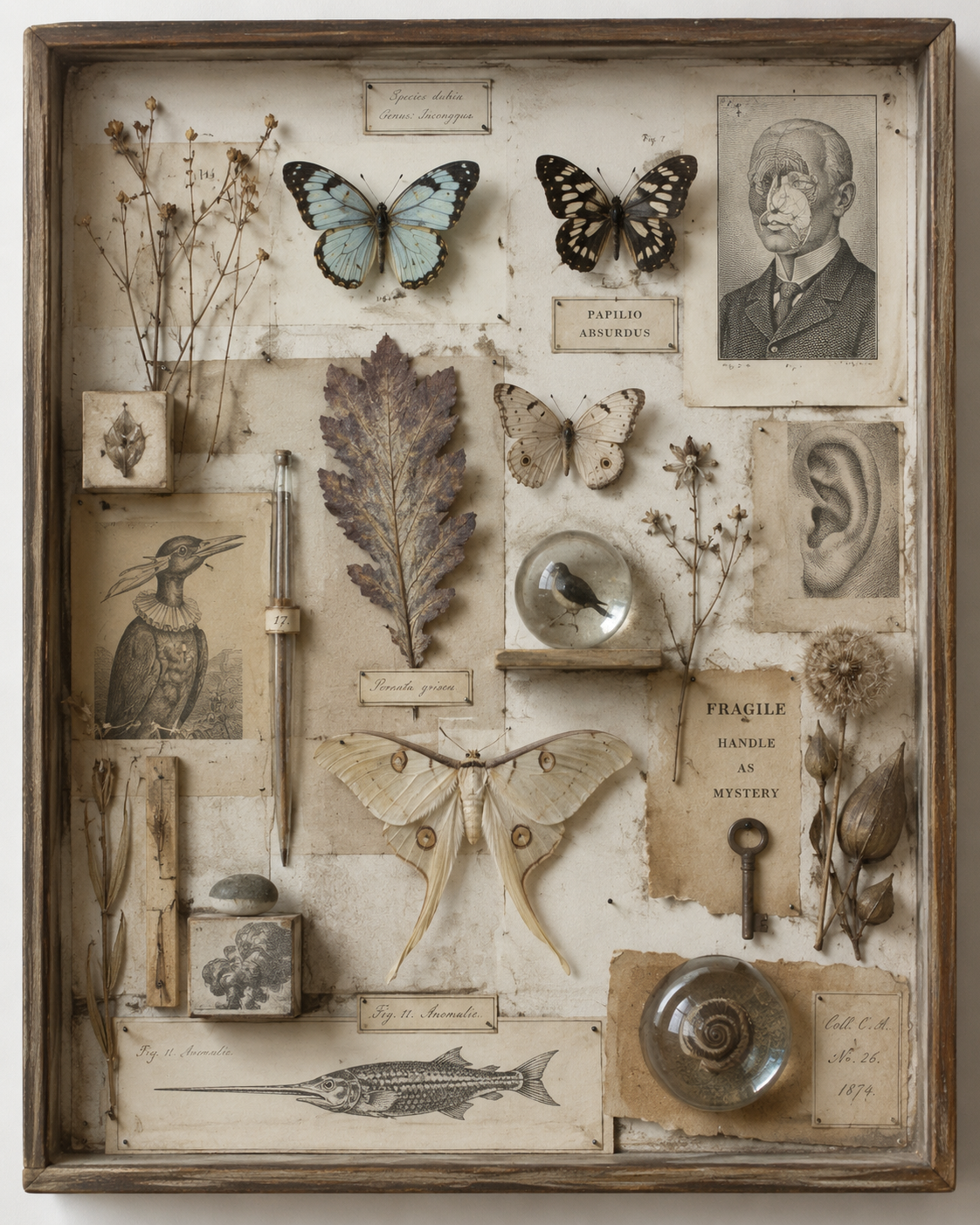 Helle naturhistorische Assemblage mit Schmetterlingen, Pflanzen, anatomischen Druckgrafiken, Schlüssel und Glasobjekten