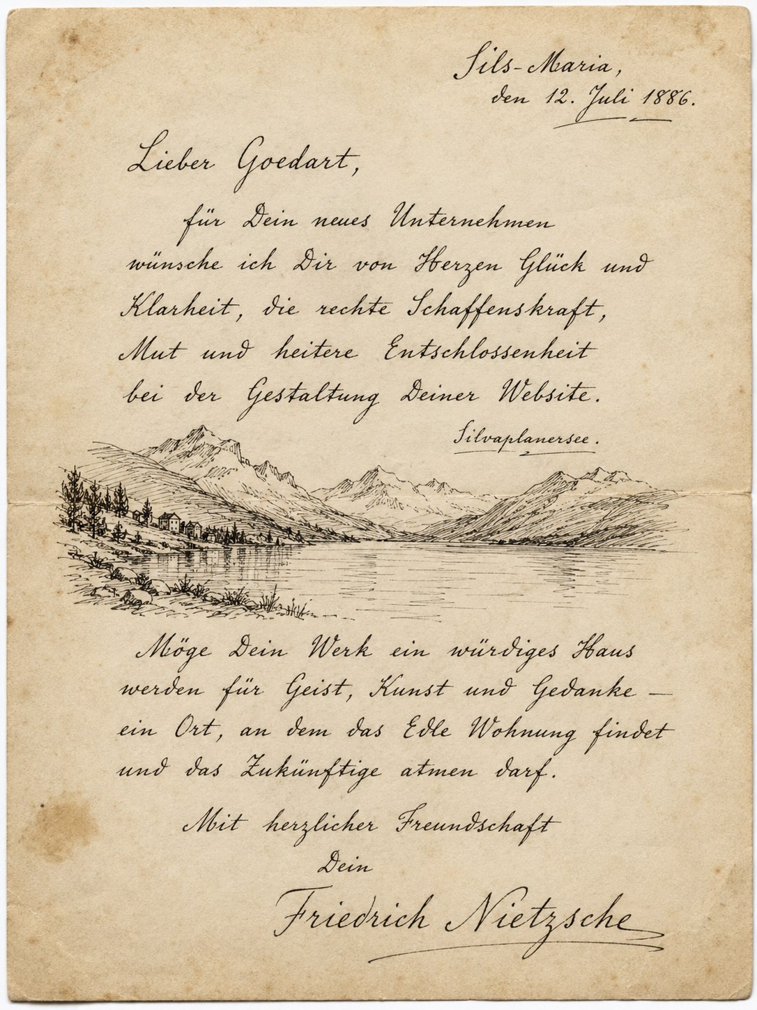 KI-generiertes fiktives Briefblatt, das einen Brief Friedrich Nietzsches an Goedart Palm nachahmt