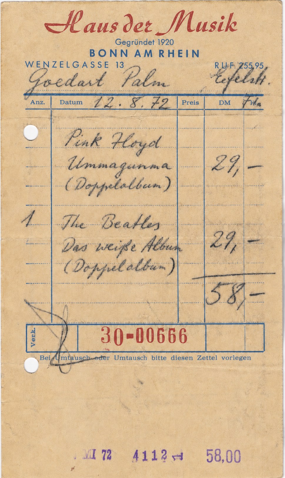 Handschriftlich ausgefüllter Kaufbeleg des Hauses der Musik in Bonn vom 22. August 1972