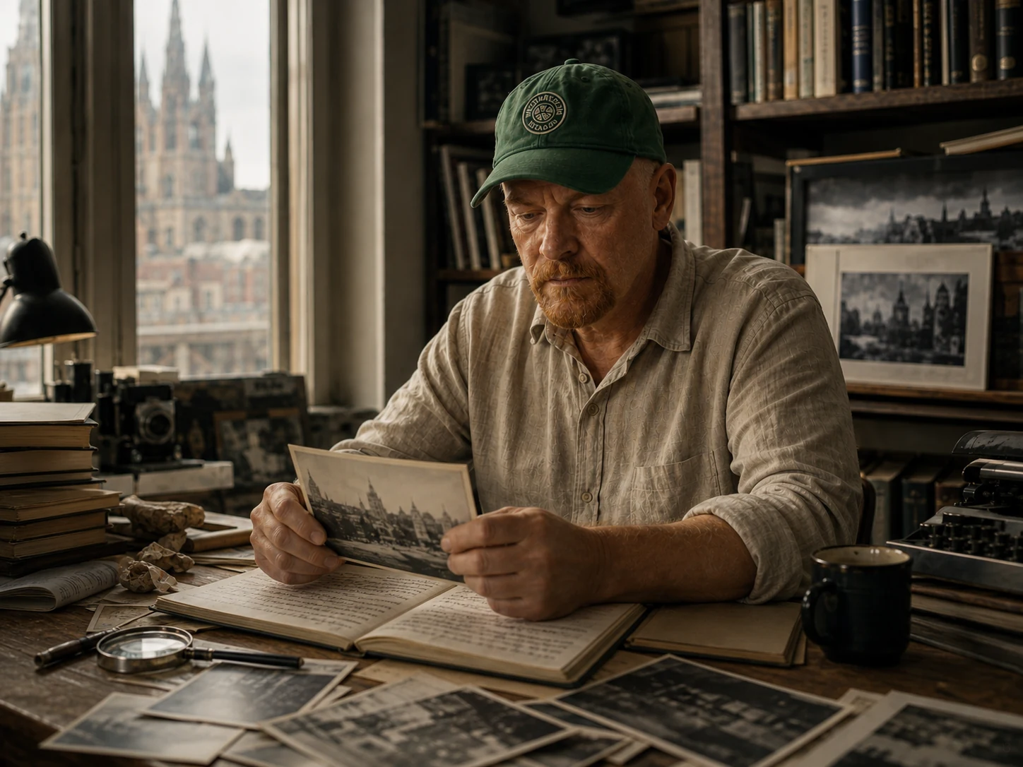 Goedart Palm ordnet Fotografien, Notizen und Bücher an einem archivalischen Arbeitsplatz