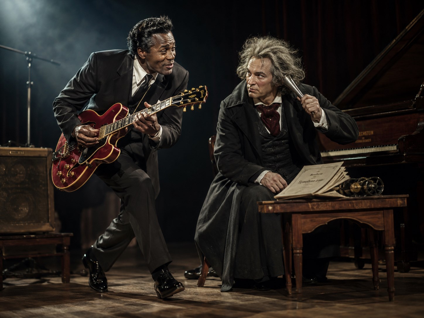 Fiktive Bühnenszene mit Chuck Berry in Duck-Walk-Haltung an der E-Gitarre und Beethoven mit Hörrohr neben einem Flügel