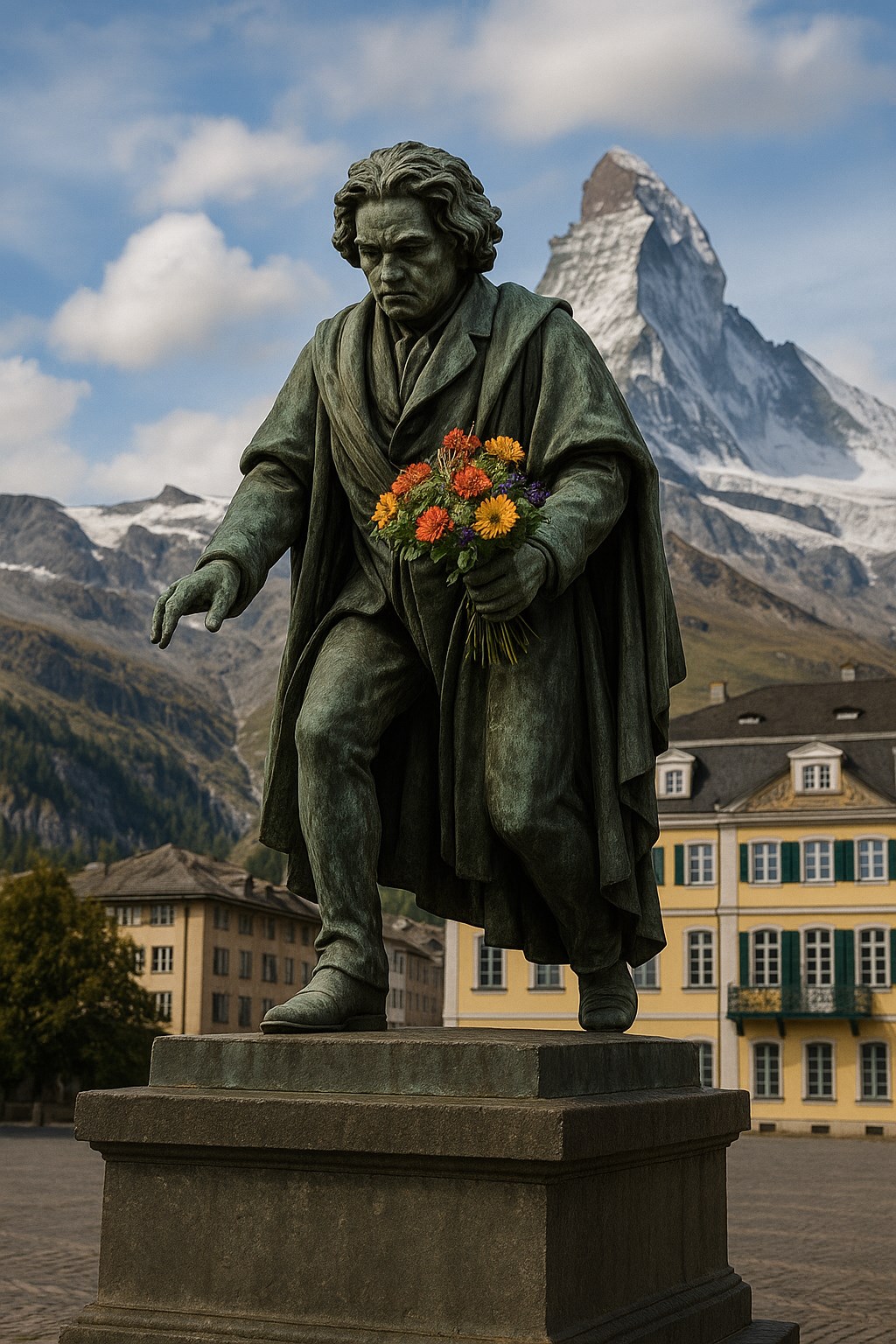 Beethoven-Denkmal vor einer Alpenlandschaft