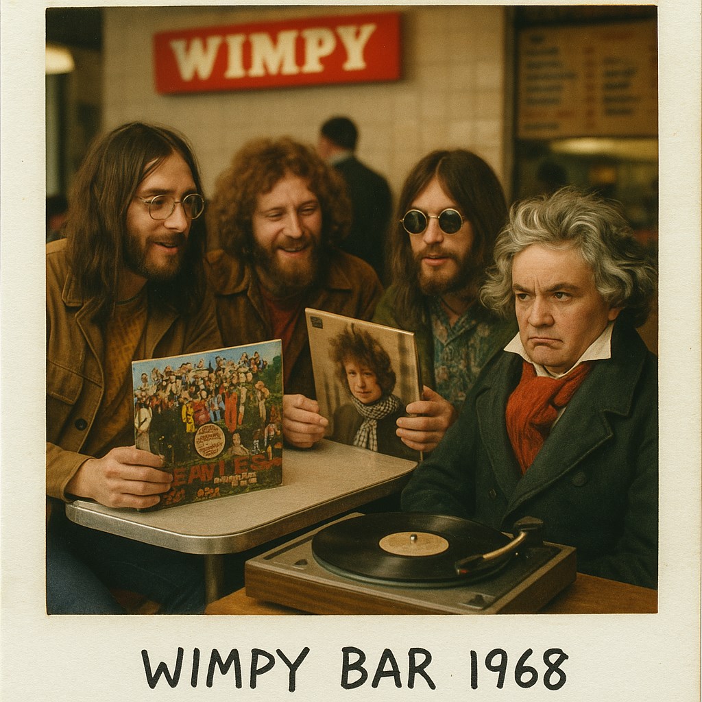 Fiktives Polaroid von Beethoven mit drei Musikern und Schallplatten in einer Wimpy Bar, beschriftet mit 1968