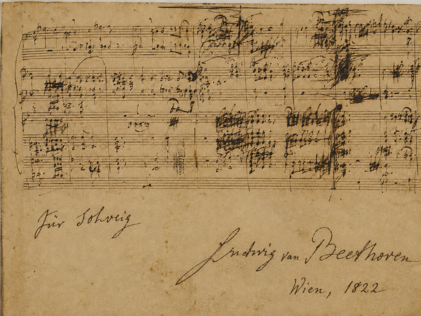 Erinnerungsblatt mit Notenhandschrift und der Beschriftung Ludwig van Beethoven, Wien 1822