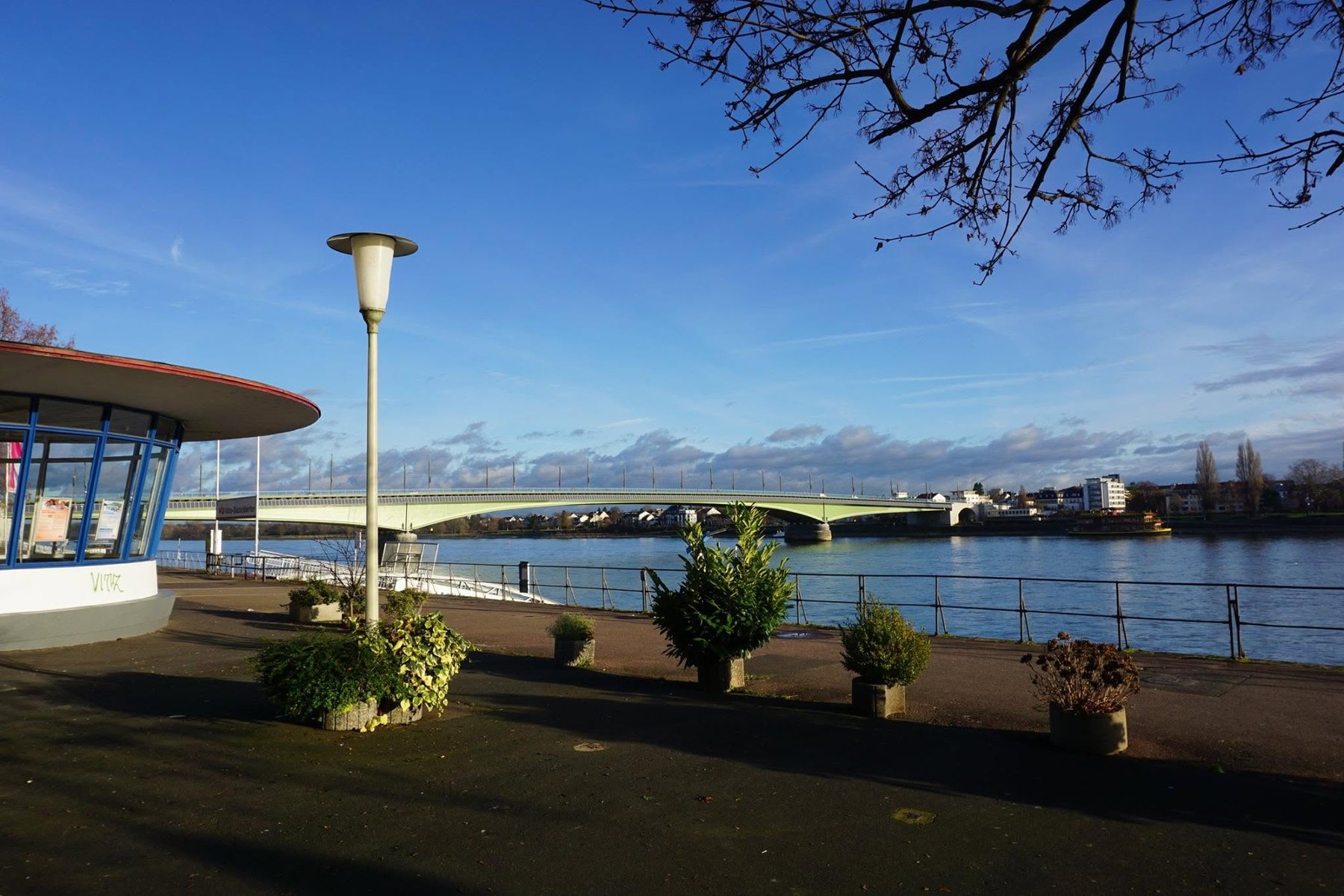 Kennedybrücke vom Bonner Rheinufer mit Promenade und rundem Pavillon