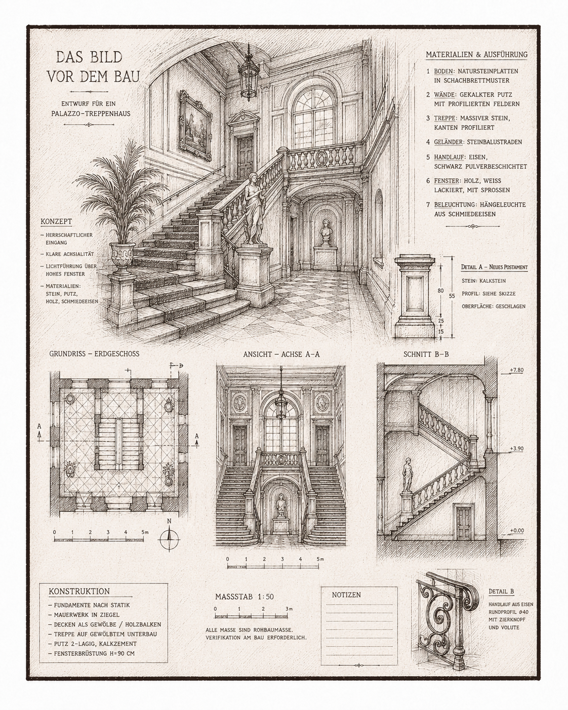 Architekturtafel eines Treppenhauses mit Perspektive, Grundriss, Aufriss, Schnitt und Details