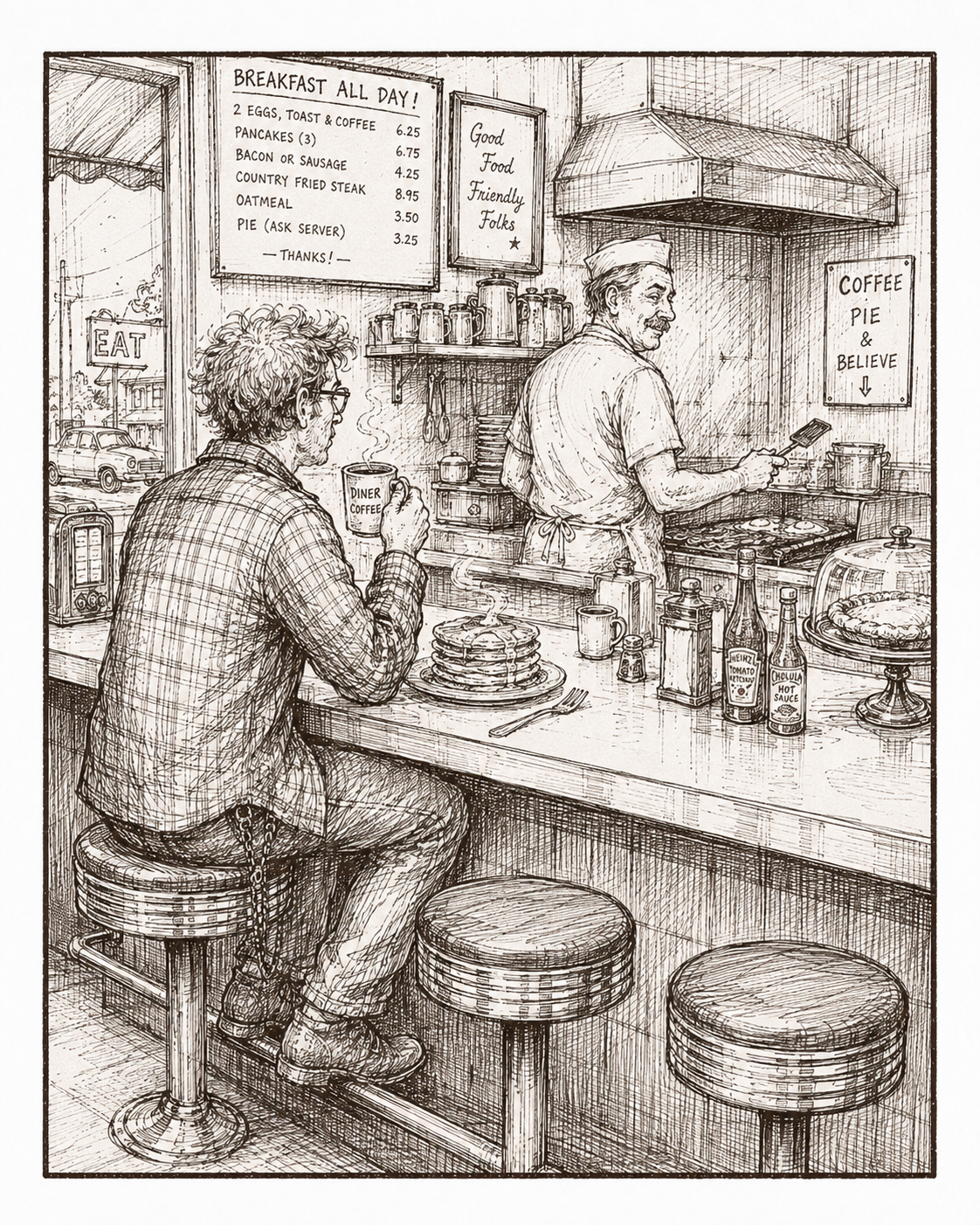 Mann beim Frühstück an der Theke eines amerikanischen Diners