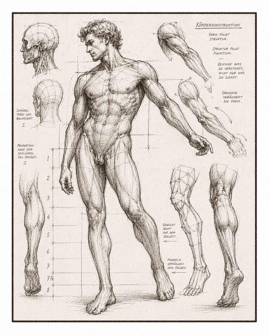 Anatomische Studien eines männlichen Körpers mit Kopf-, Arm- und Beinkonstruktionen