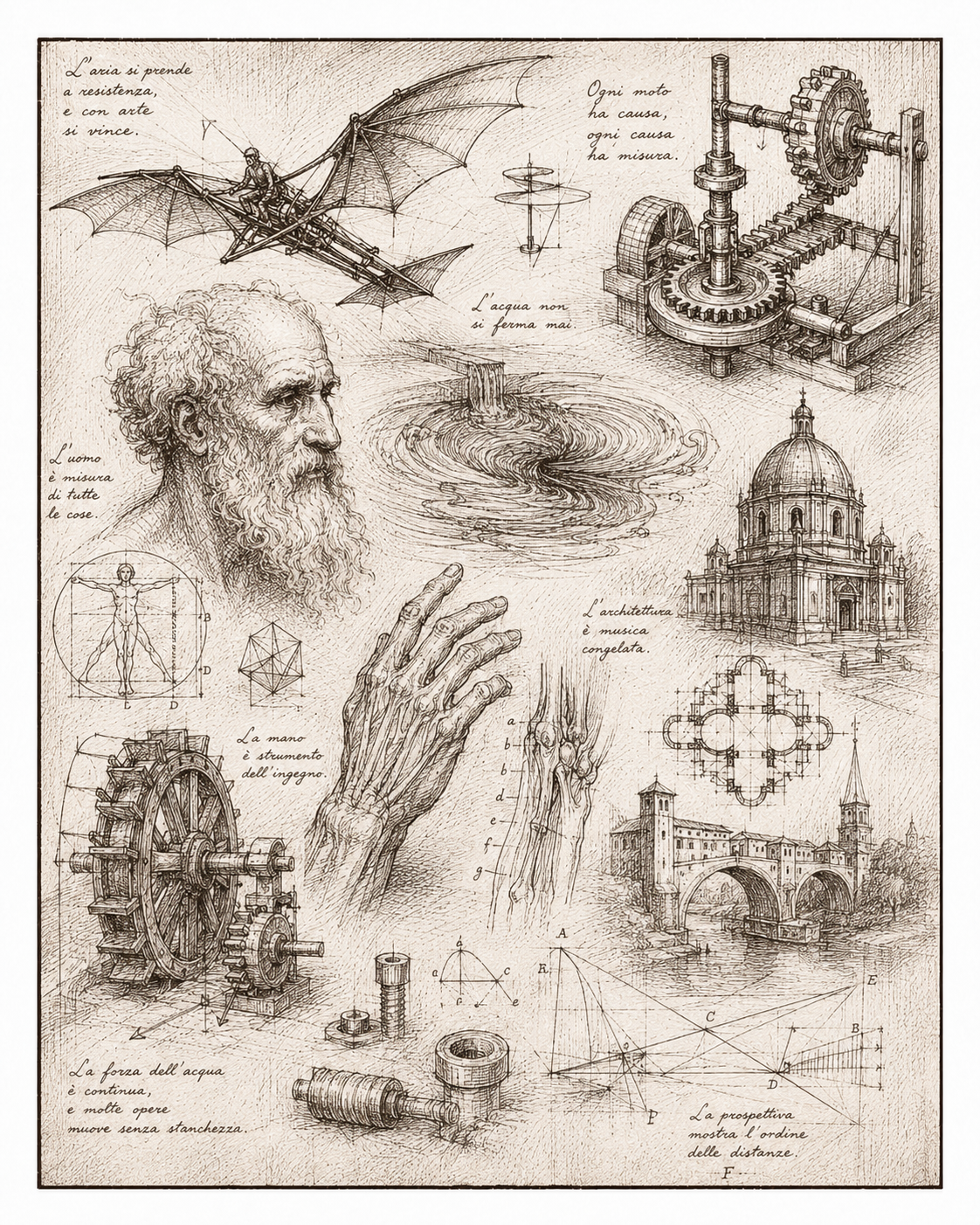 Großes Notizblatt mit Flugapparat, Zahnrädern, Wasserwirbel, Handstudie, Architektur und Perspektivkonstruktion