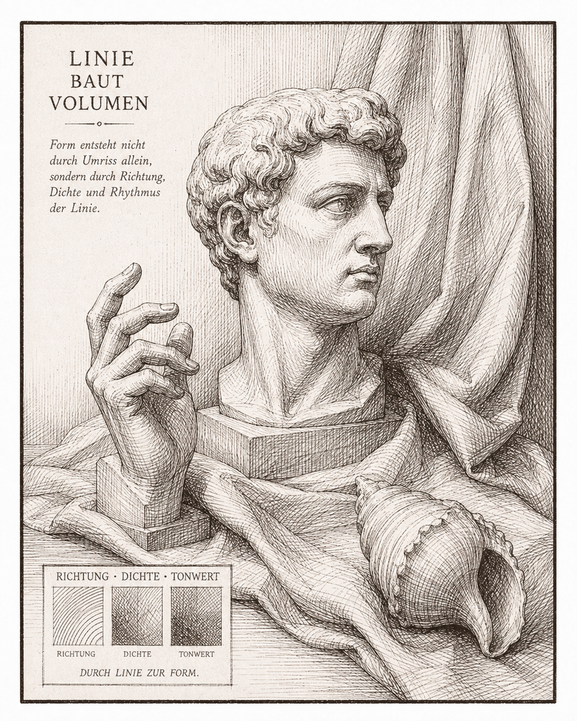 Studienblatt mit Büste, Hand, Muschel, Draperie und unterschiedlichen Schraffurdichten