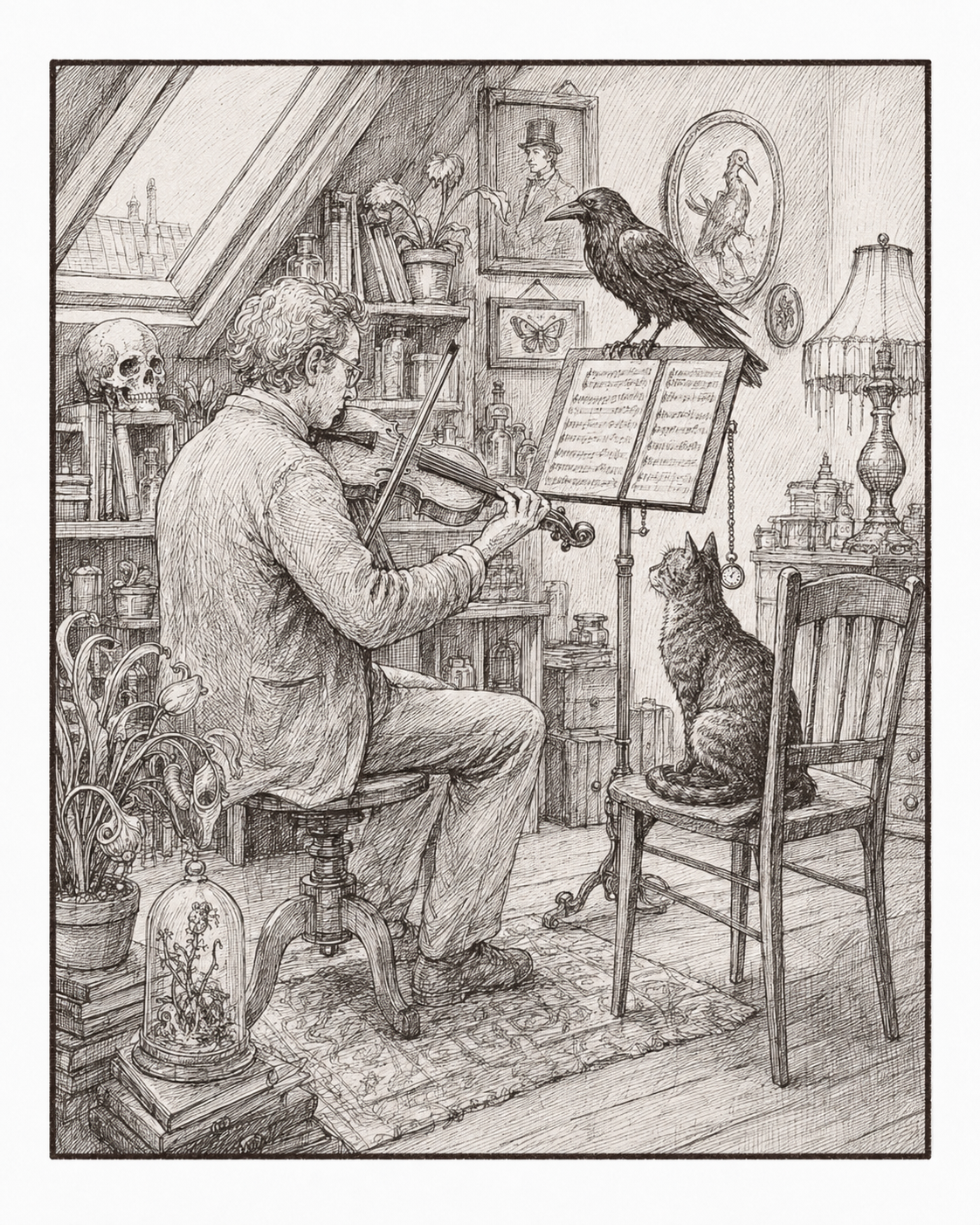 Geiger in einem dicht eingerichteten Musikzimmer mit Katze, Rabe und Schädel