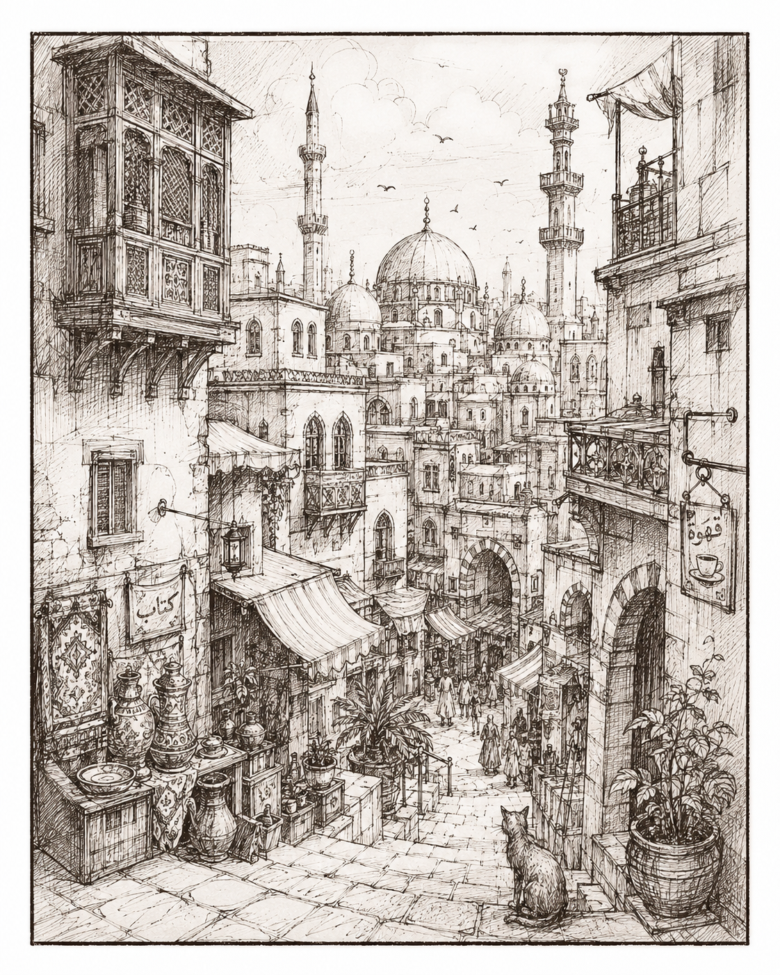 Dicht gestaffelte orientalische Stadt mit Kuppeln, Minaretten, Marktgasse und Katze