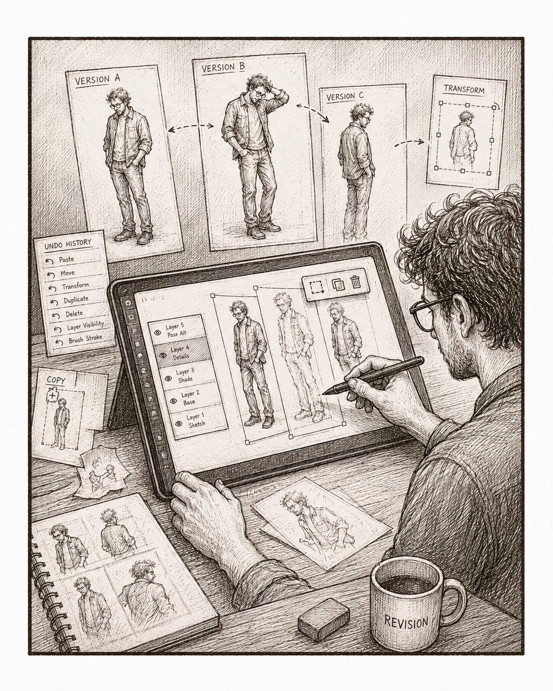 Zeichner am Tablet mit Ebenen, Undo-Historie, Transformation und mehreren Figurenvarianten