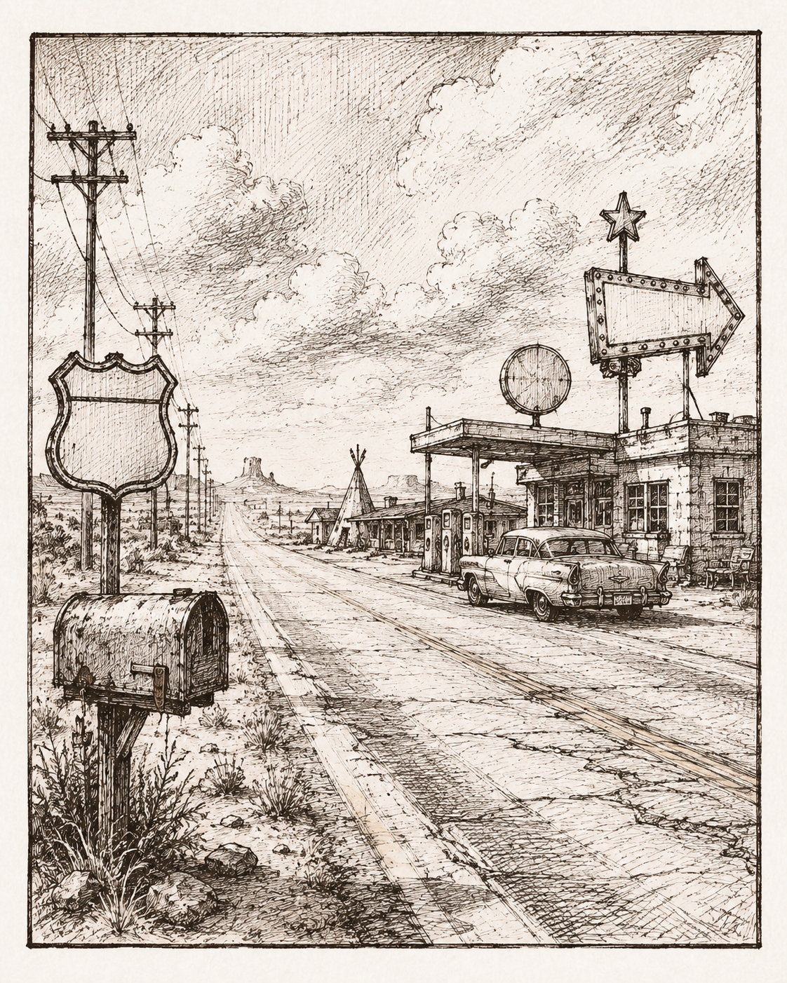 Leere amerikanische Fernstraße mit Tankstelle, altem Wagen und Route-Zeichen