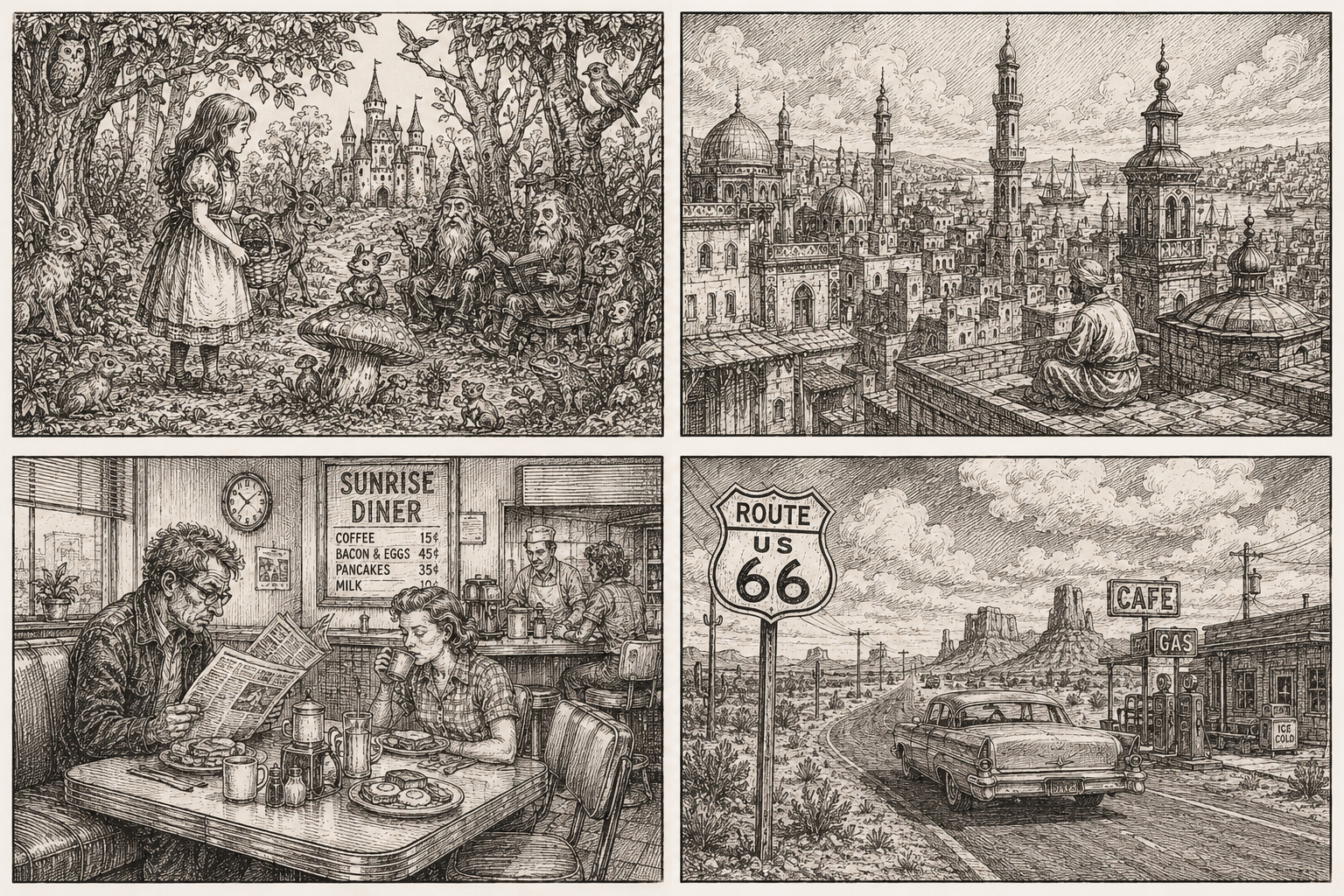 Vier gezeichnete Welten: Märchenwald, orientalische Stadt, amerikanisches Diner und Route 66