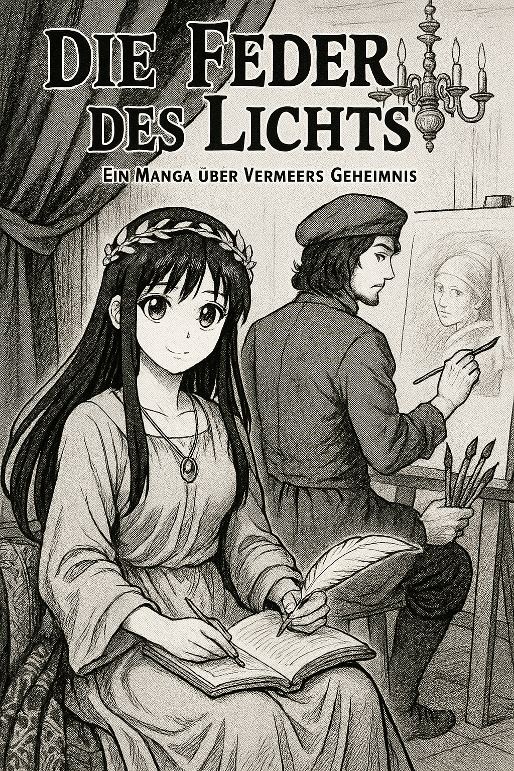 Manga-Zeichnung mit einer schreibenden Frau und einem Maler vor einem Vermeer-Porträt