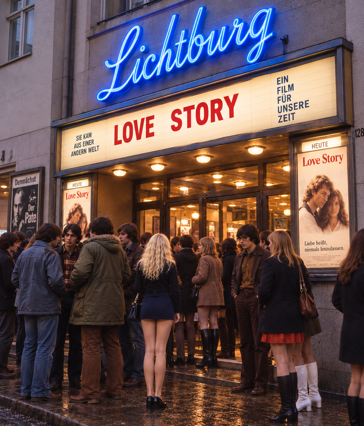 Erinnerungsrekonstruktion der Lichtburg mit Love-Story-Plakaten und wartendem Kinopublikum