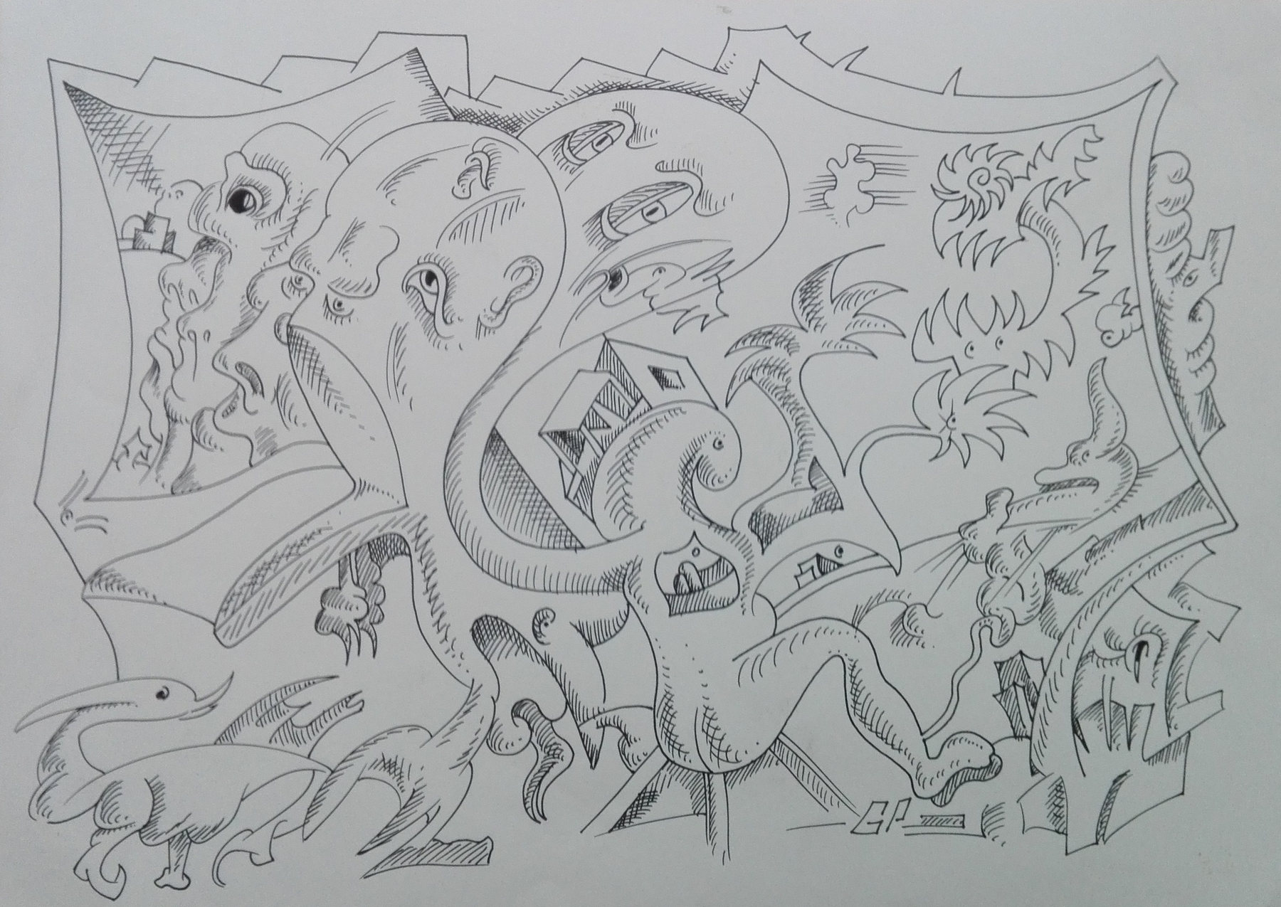 Figurative Zeichnung mit Menschen, Tieren und fantastischen Formen von Goedart Palm