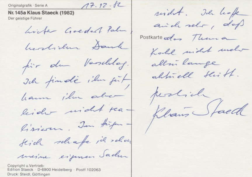 Handschriftliche Postkarte von Klaus Staeck an Goedart Palm aus dem Jahr 1982