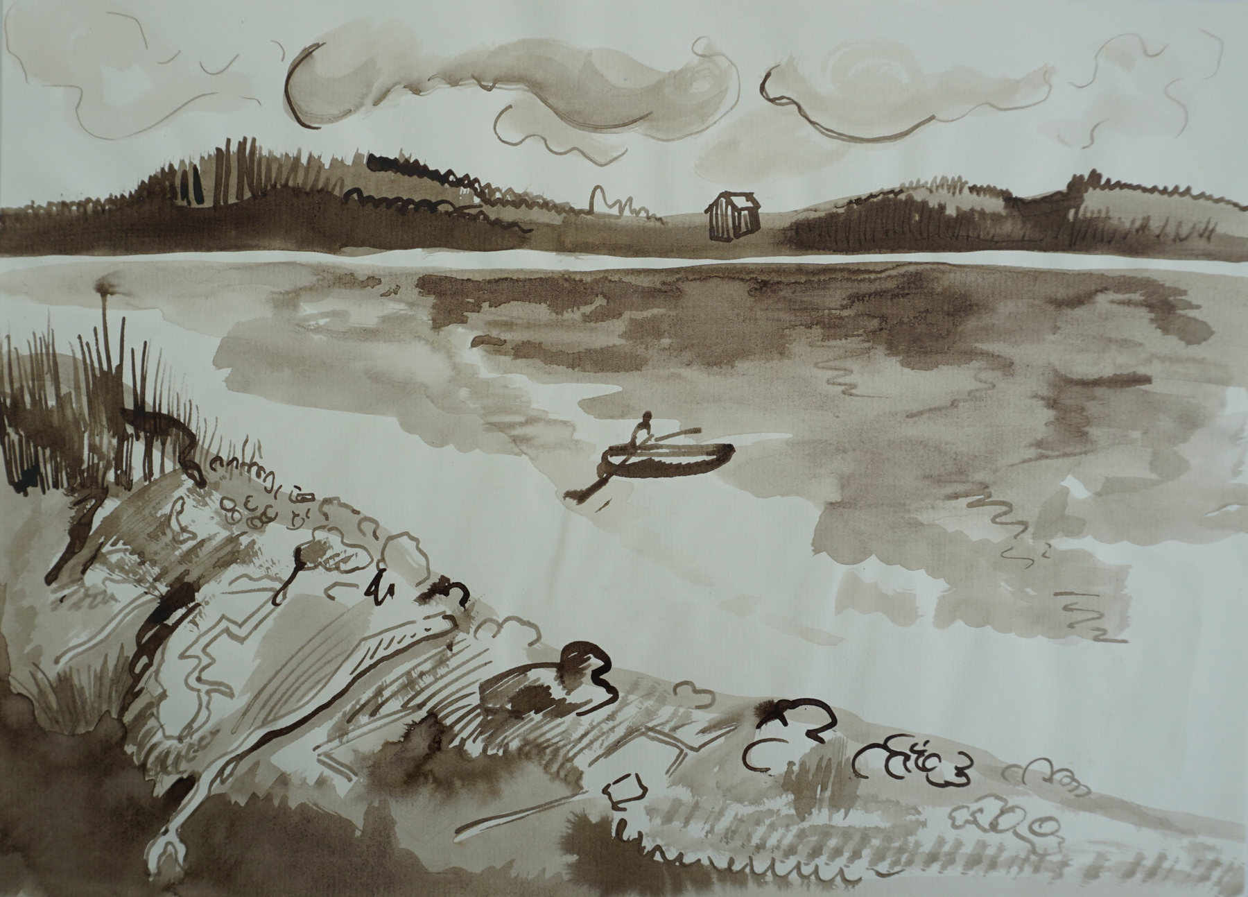 Fischer am See, Zeichnung und Lavierung von Goedart Palm, Rovaniemi 1990