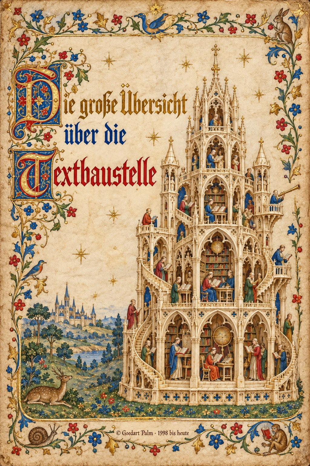 Illuminierter Elfenbeinturm als Zugang zur großen Übersicht der Virtuellen Textbaustelle