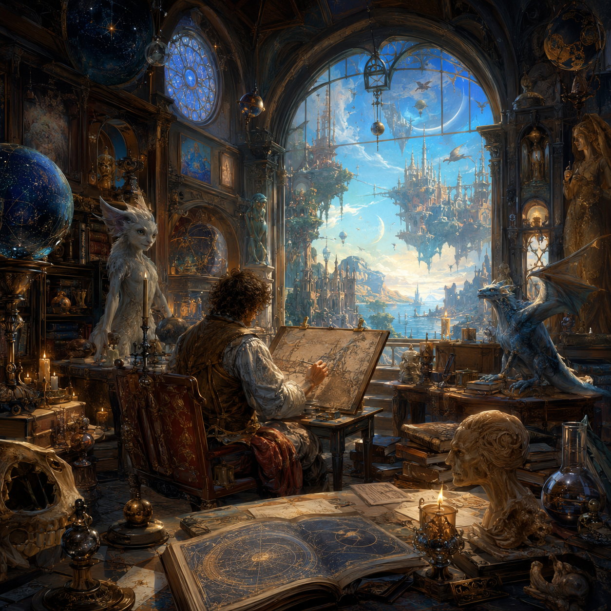Phantastisches Atelier mit Zeichner, Büchern, Drachen und schwebender Stadt